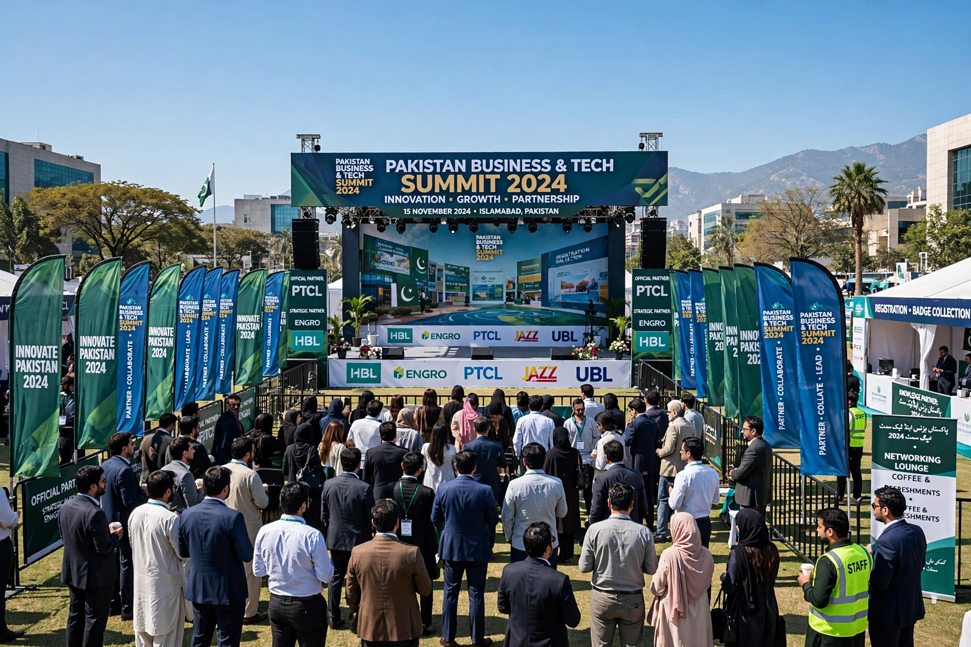 Branded flags and event graphics surrounding an outdoor business stage