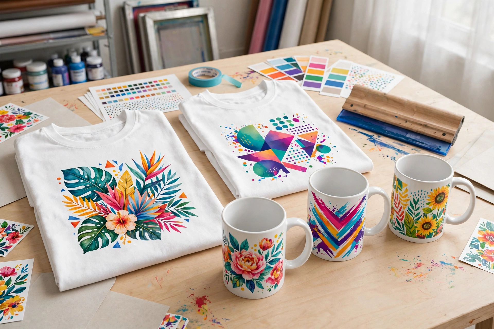 Colourful printed apparel and promotional pieces on a production table