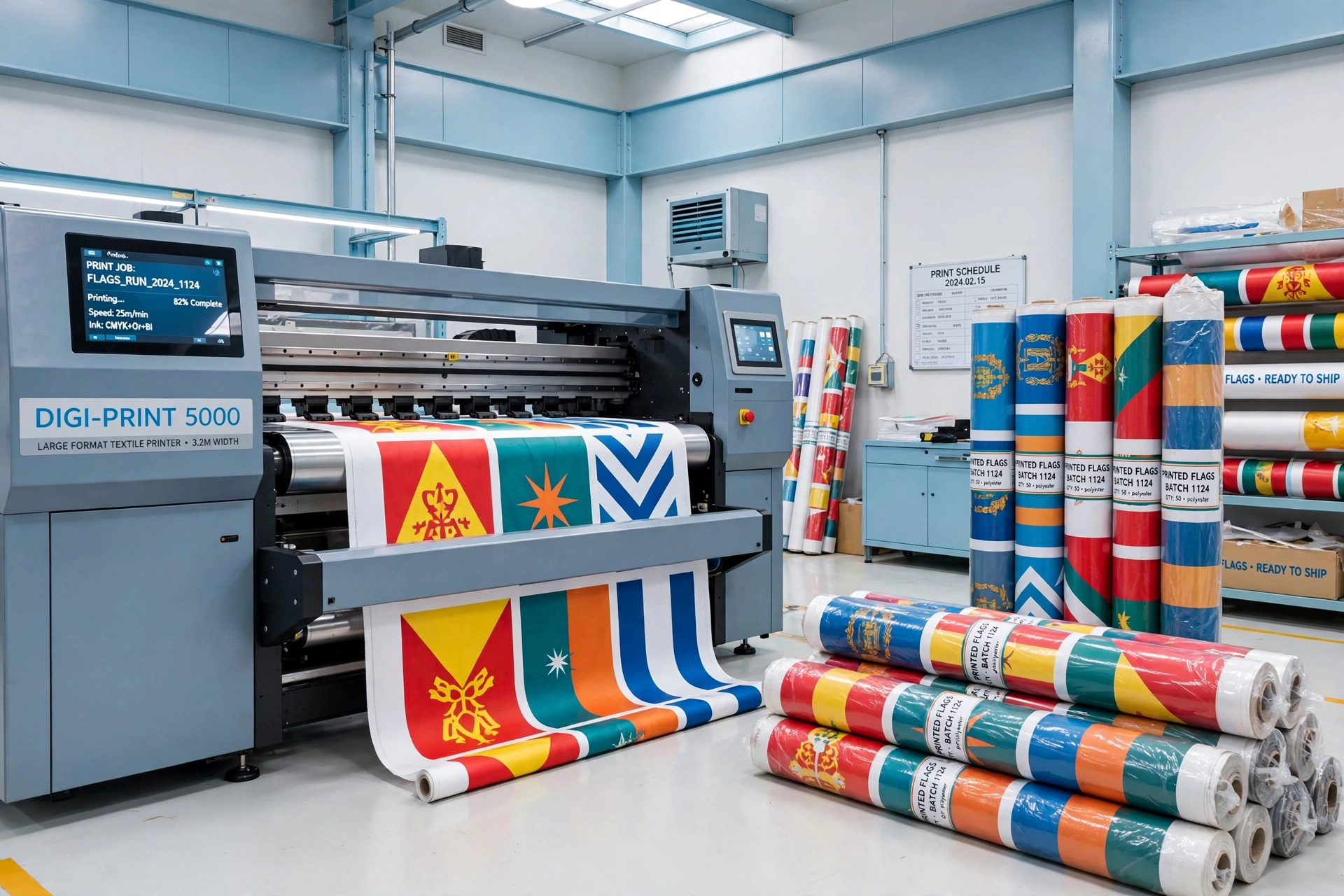 Large-format printer producing colourful custom flags